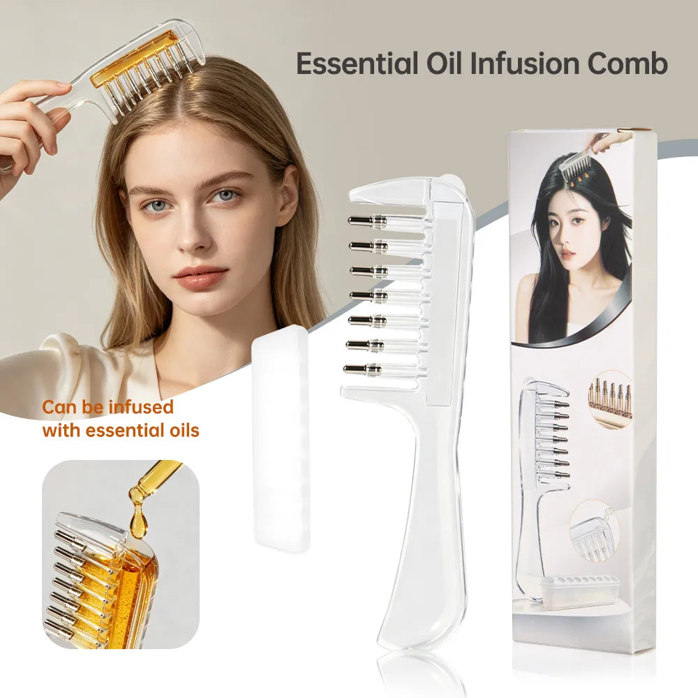 Unisex Transparent Essential Oil Applicator Massage Comb with Built-In Liquid Reservoir, Rolling Metal Teeth, Suitable for Women's Scalp