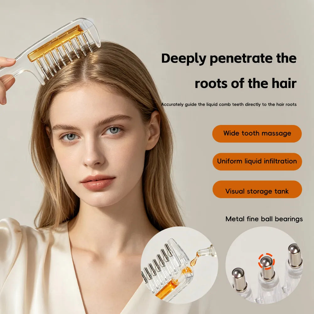 Unisex Transparent Essential Oil Applicator Massage Comb with Built-In Liquid Reservoir, Rolling Metal Teeth, Suitable for Women's Scalp