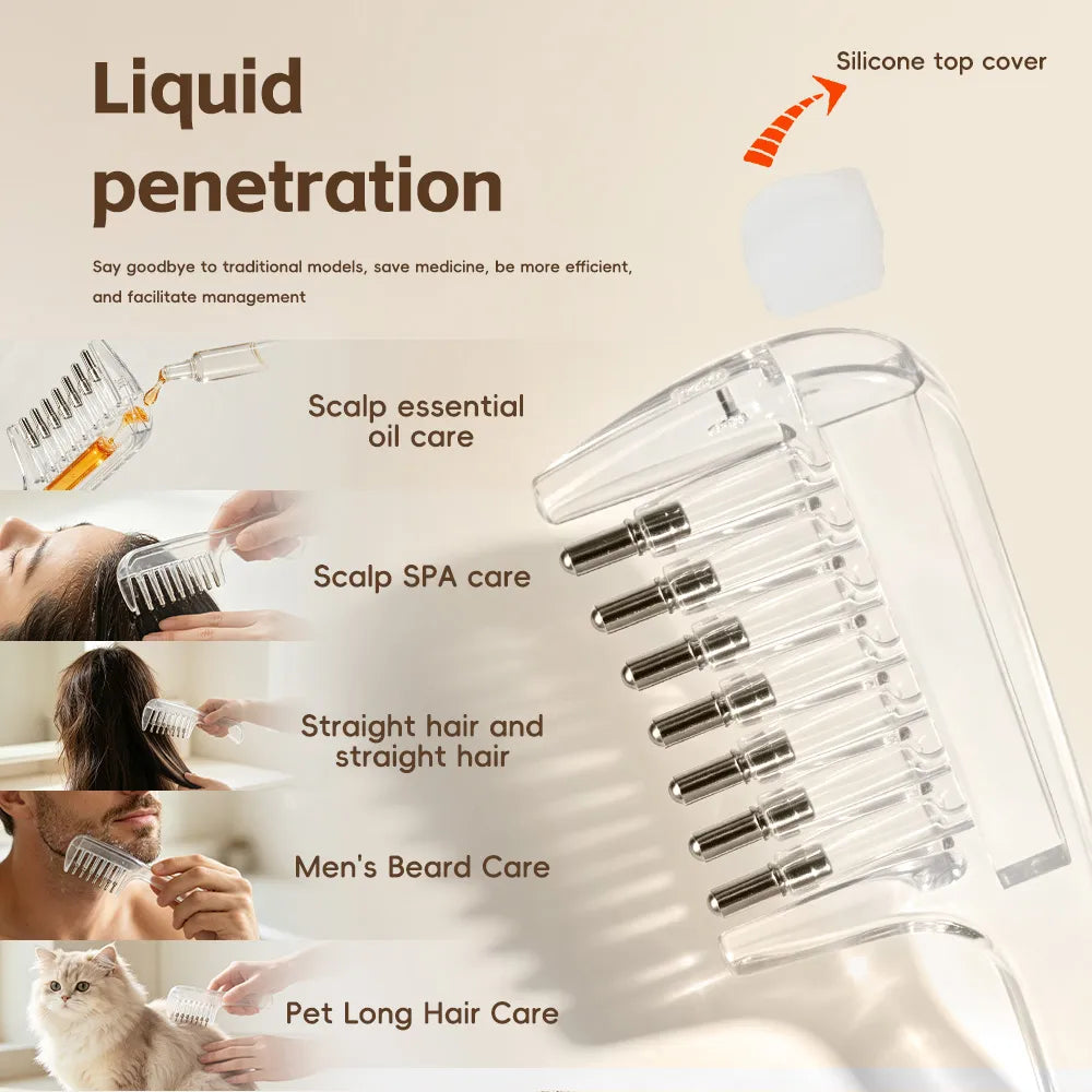 Unisex Transparent Essential Oil Applicator Massage Comb with Built-In Liquid Reservoir, Rolling Metal Teeth, Suitable for Women's Scalp